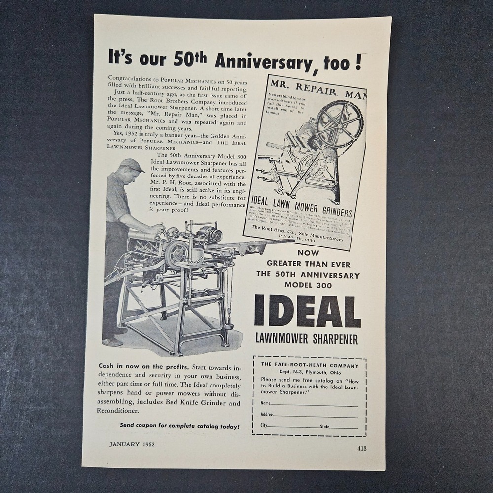 1952 Ideal Model 300 Mower Grinder Vintage Print Ad Fate-Root-Heath Plymouth OH